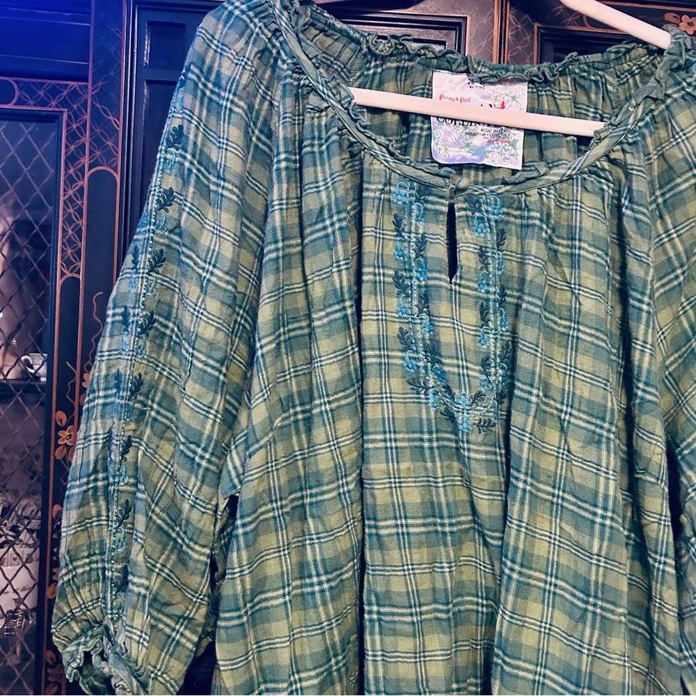 Perdian Chic Artisan Collection Green Cotton Plaid Embroirdered Top Size 26/28 - Picture 6 of 11